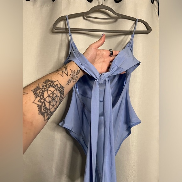 Lily Star Periwinkle Blue Cowl Neck Tie Back Bodysuit - Picture 4 of 8